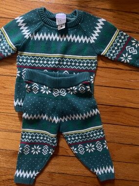 Hannah Anderson Green Fair Isle Knit Baby Sweater & Pants Set